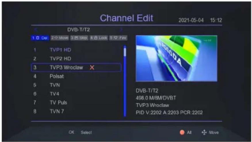Channel Edit 2021-05-04 15:12 DVB-T/T2 1 0 0x 2 x Move 3 x SRd 4 x Lock 5 x Fav 1 TVP1 HD 2 TVP2 HD 3 TVP3 Wroclaw X 4 Polsat 5 TVN 6 TV4 7 TV Puls 8 TVN 7 DVB-T/T2 498.0 M/8M/DVBT TVP3 Wroclaw PID V:2202 A:2203 PCR:2202 OK Select All Move