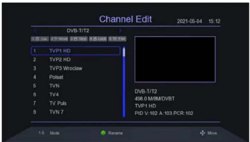 Channel Edit 2021-05-04 15:12 DVB-T/T2 1 D6 2 Move 3 Skip 4 Lock 5 F#V 1 TVP1 HD 2 TVP2 HD 3 TVP3 Wroclaw 4 Polsat 5 TVN 6 TV4 7 TV Puls 8 TVN 7 DVB-T/T2 498.0 M/8M/DVBT TVP1 HD PID V:102 A:103 PCR:102 1-5 Mode Rename Move
