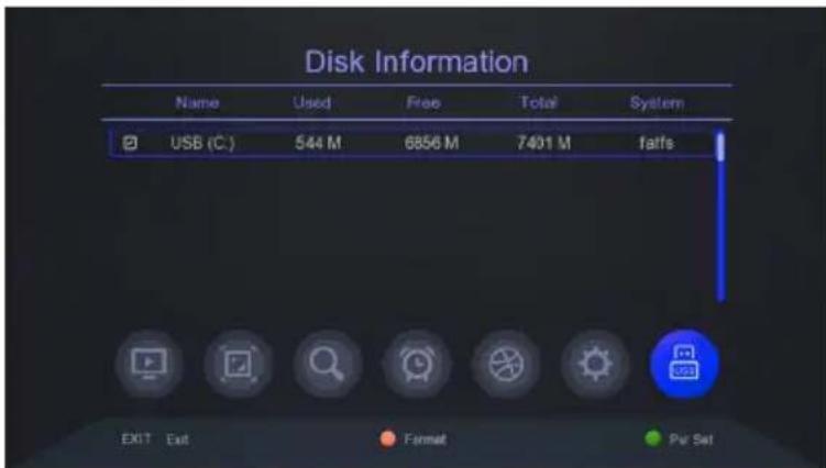 Disk Information Name Used Free Total System USB (C.) 544 M 6856 M 7401 M fatts EXIT Exit Format Pur Sat
