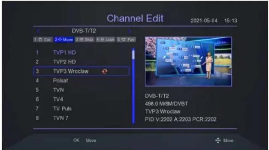 Channel Edit 2021-05-04 15:13 DVB-T/T2 1 Dot Dot 2+Move 3+Skip 4+Look 5+Fav 1 TVP1 HD 2 TVP2 HD 3 TVP3 Wroclaw 4 Polsat 5 TVN 6 TV4 7 TV Puls 8 TVN 7 DVB-T/T2 496.0 M/8M/DVBT TVP3 Wroclaw PID V:2202 A:2203 PCR:2202 OK Move Move