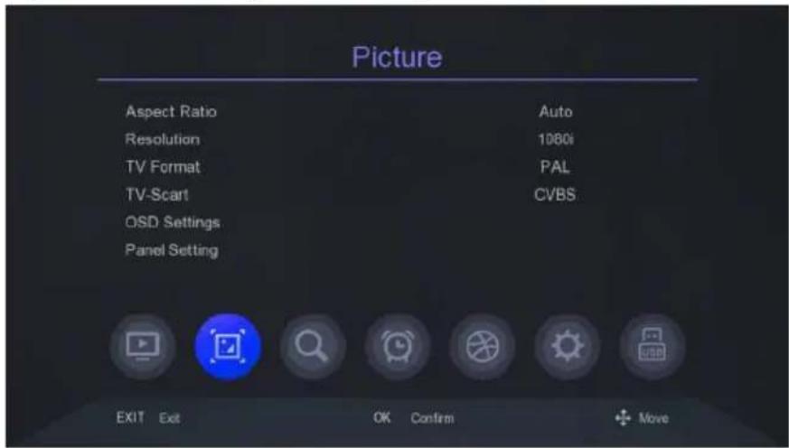 Picture Aspect Ratio Auto Resolution 1080i TV Format PAL TV-Scart CVBS OSD Settings Panel Setting EXIT Exit OK Confirm +Move