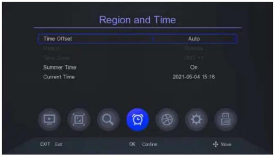 Region and Time Time Offset Auto Region Version Time Zone CMT +1 Summer Time On Current Time 2021-05-04 15:18 EXIT Exit OK Confirm Move