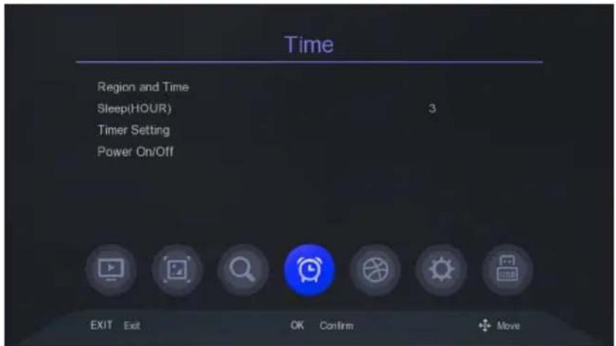 Time Region and Time Sleep(HOUR) 3 Timer Setting Power On/Off EXIT Exit OK Confirm + Move