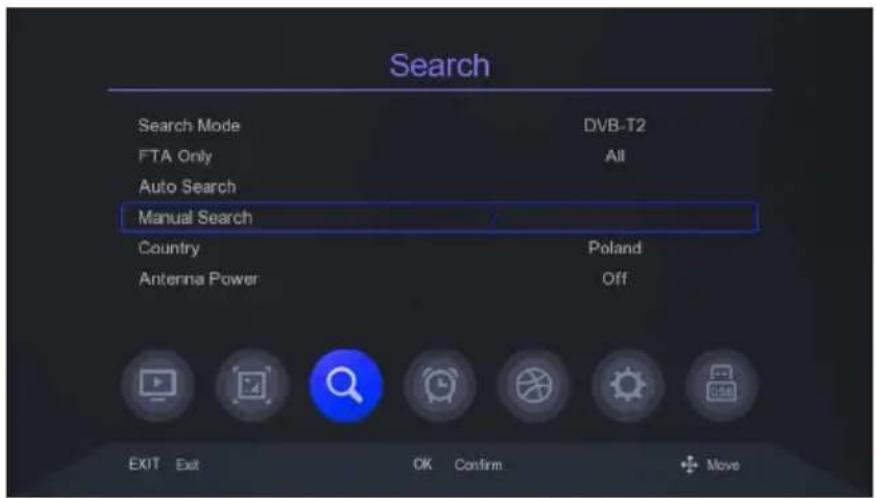 Search Search Mode DVB-T2 FTA Only All Auto Search Manual Search Country Poland Antenna Power Off EXIT Exit OK Confirm +Move