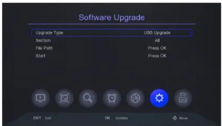 Software Upgrade Upgrade Type 4 USB Upgrade Section All File Path Press OK Start Press OK EXIT Exit OK Confirm +Move
