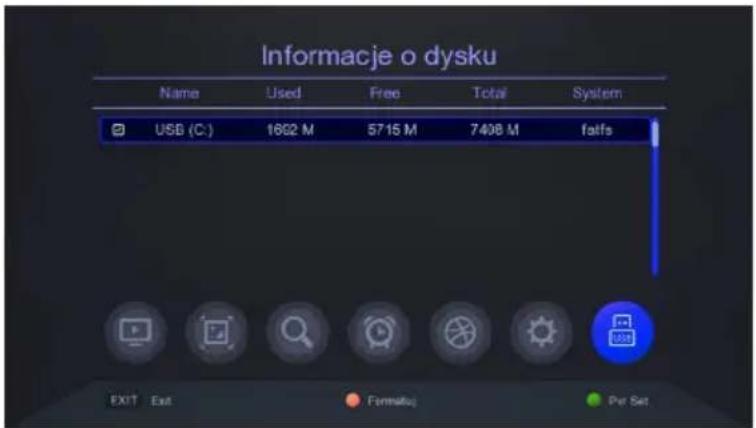 Informacje o dysku Name Used Free Total System USB (C:) 1692 M 5715 M 7498 M faifs EXIT Exit Format0 Per Set
