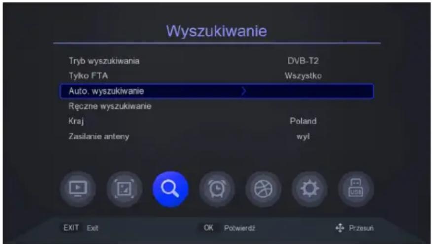 Wyszukiwanie Tryb wyszukiwania DVB-T2 Tylko FTA Wszystko Auto. wyszukiwanie > Ręczne wyszukiwanie Kraj Poland Zasilanie anteny wyl EXIT Exit OK Potwierdź Przesuń
