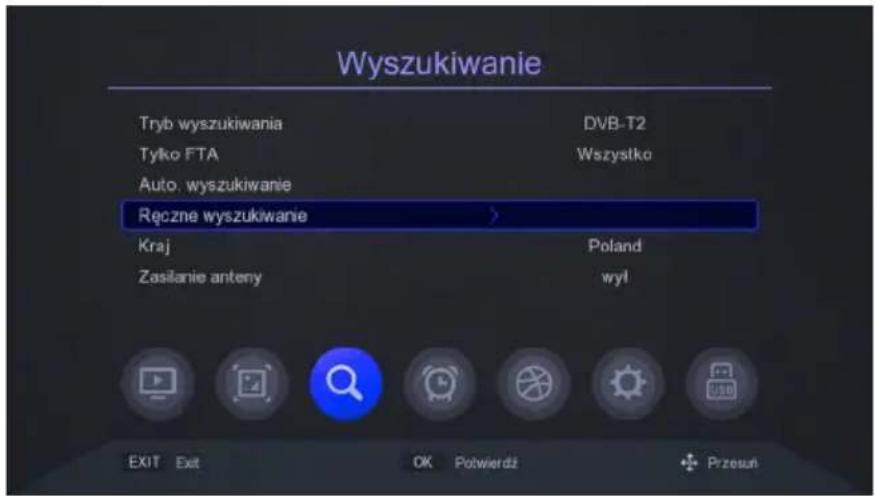 Wyszukiwanie Tryb wyszukiwania DVB-T2 Tylko FTA Wszystko Auto. wyszukiwanie Ręczne wyszukiwanie > Kraj Zasilanie anteny Poland wył EXIT Exit OK Potwierdź Przesuń