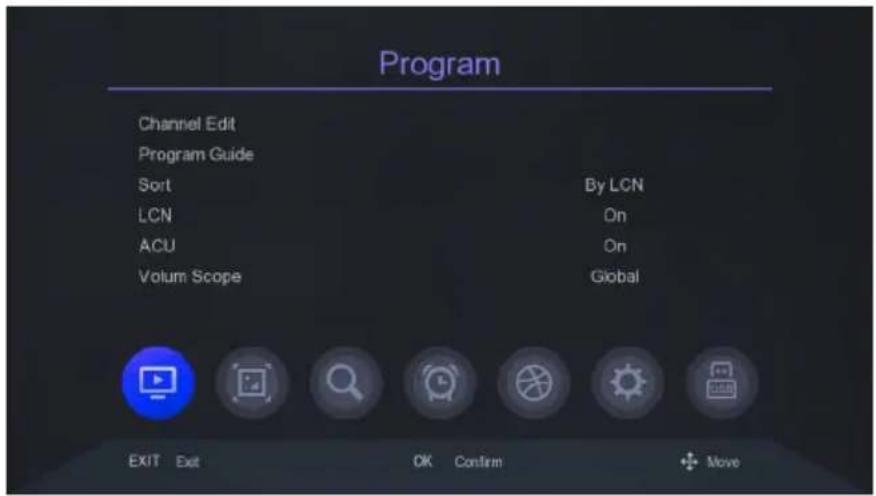 Program Channel Edit Program Guide Sort By LCN LCN On ACU On Volum Scope Global EXIT Exit OK Confirm +Move