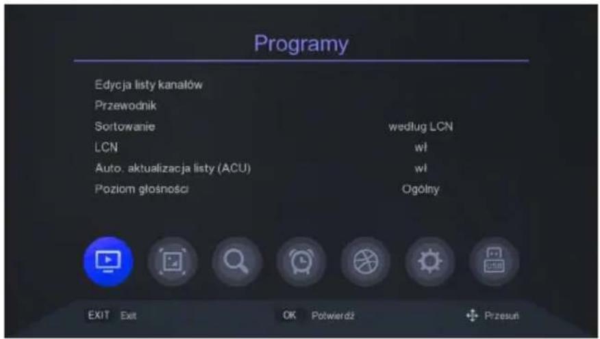 Programy Edycja listy kanałów Przewodnik Sortowanie według LCN LCN wl Auto. aktualizacja listy (ACU) wl Poziom głośności Ogólny EXIT Exit OK Potwierdż Przesuń