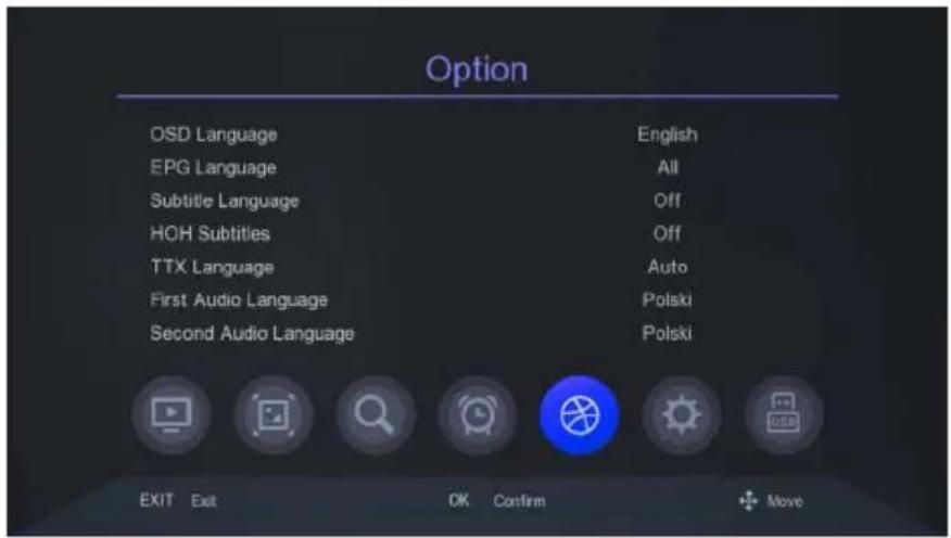 Option OSD Language English EPG Language All Subtitle Language Off HOH Subtitles Off TTX Language Auto First Audio Language Polski Second Audio Language Polski EXIT Exit OK Confirm Move