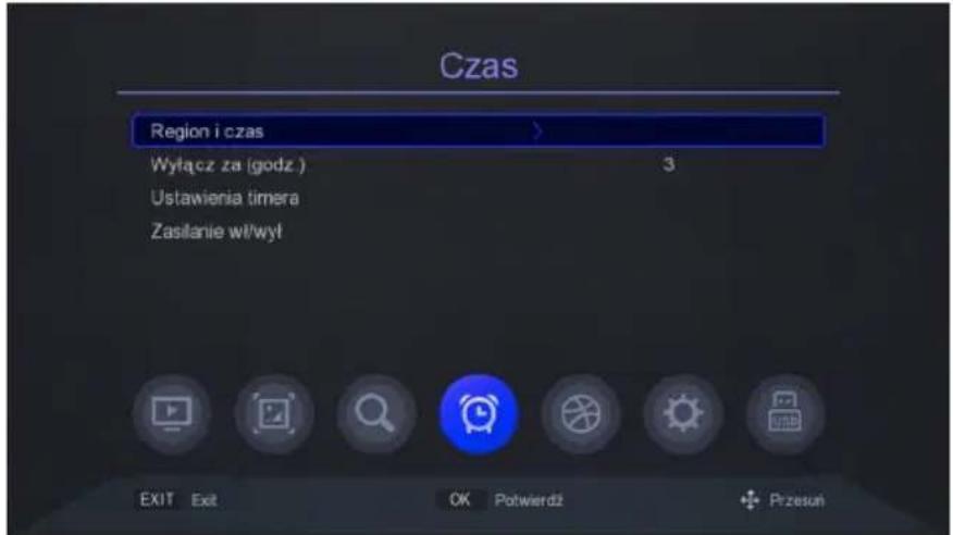 Czas Region i czas > Wytącz za (godz.) 3 Ustawienia timera Zasilanie wł/wył EXIT Exit OK Potwierdź Przesuń