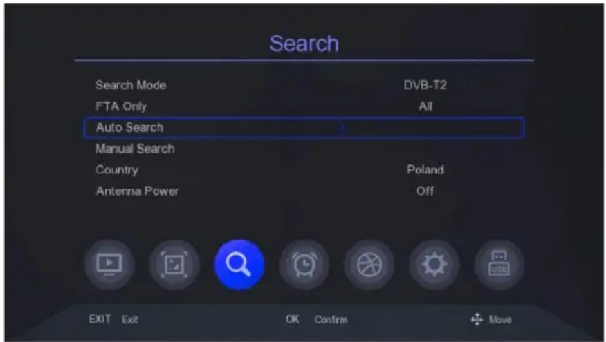 Search Search Mode DVB-T2 FTA Only All Auto Search Manual Search Country Poland Antenna Power Off EXIT Exit OK Confirm +Move