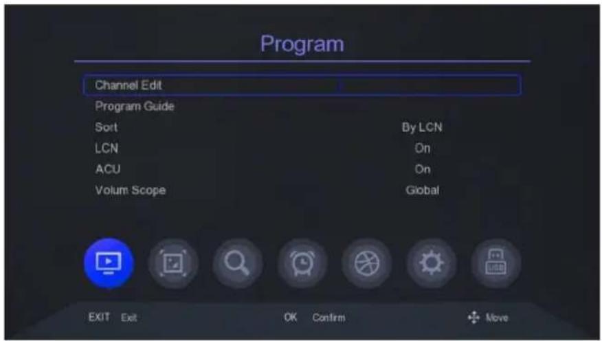 Program Channel Edit Program Guide Sort By LCN LCN On ACU On Volum Scope Global EXIT Exit OK Confirm +Move