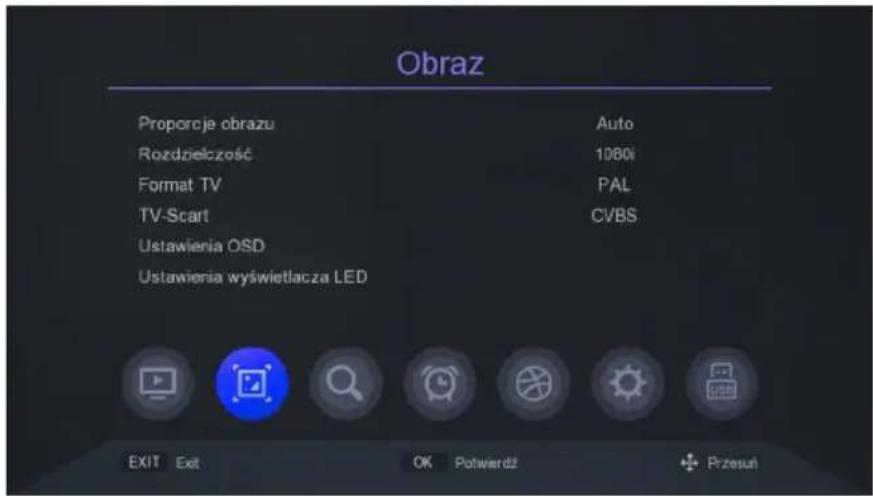 Obraz Proporcje obrazu Auto Rozdzielczość 1080i Format TV PAL TV-Scart CVBS Ustawienia OSD Ustawienia wyświetlacja LED EXIT Exit OK Potwertż + Przesuń