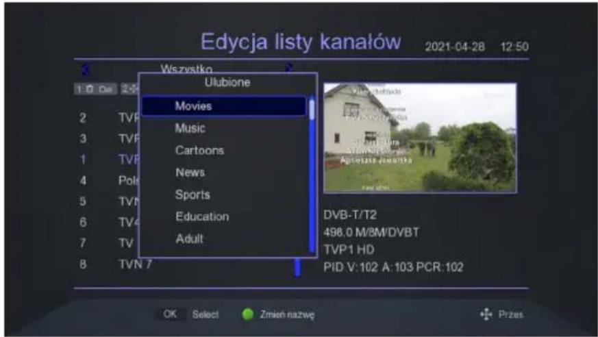 Edycja listy kanałów 2021-04-28 12:50 Wszvistko Ulubione Movies Music Cartoons News Sports Education Adult DVB-T/T2 496.0 M/3M/DVBT TVP1 HD PID V:102 A:103 PCR:102 OK Select Zmien nazwę Przes