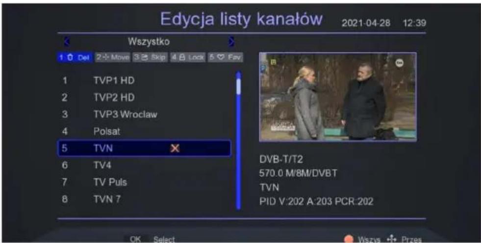 Edycja listy kanałów 2021-04-28 12:39 Wszystko 1 Del 2 Move 3 Skip 4 Lock 5 Fav 1 TVP1 HD 2 TVP2 HD 3 TVP3 Wroclaw 4 Polsat 5 TVN 6 TV4 7 TV Puls 8 TVN 7 DVB-T/T2 570.0 M/8M/DVBT TVN PID V:202 A:203 PCR:202 OK Select Wszys Przes