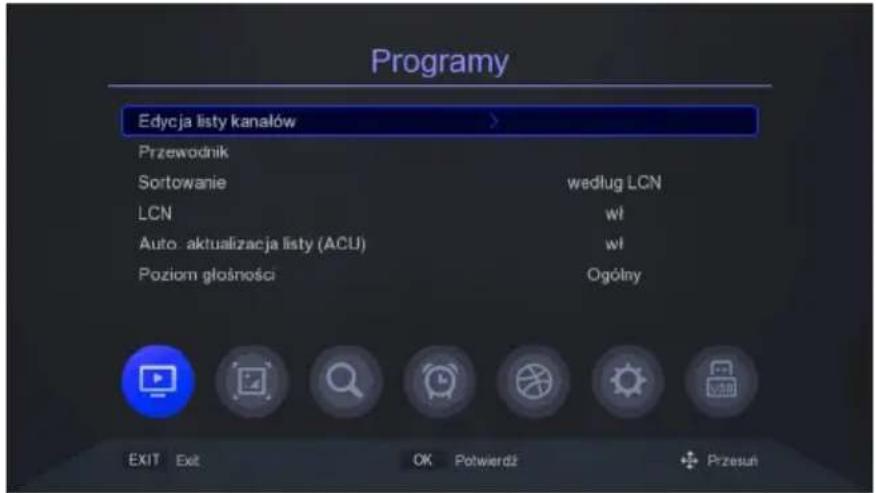 Programy Edycja listy kanałów > Przewodnik Sortowanie według LCN LCN wl Auto. aktualizacja listy (ACU) wl Poziom głośności Ogólny EXIT Exit OK Potwierdź Przesuń