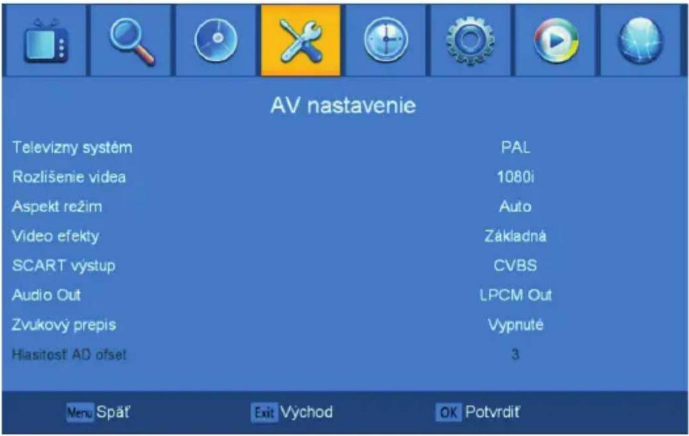 AV nastavenie Televizny systém Rozlišenie video Aspekt režim Video efekty SCART výstup Audio Out Zvukový prepis Hlasitost AD offset PAL 1080i Auto Základná CVBS LPCM Out Vypnuté 3 Menu Spät' Exit Východ OK Potvrdít'