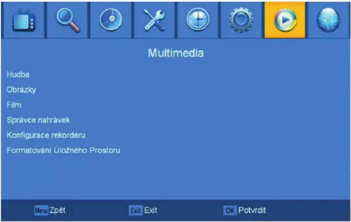 Multimedia Hudba Obrázky Film Správce nahrávek Konfigurace rekordéru Formatováni Úložného Prostoru Menu Zpět Exit Exit OK Potvrdit