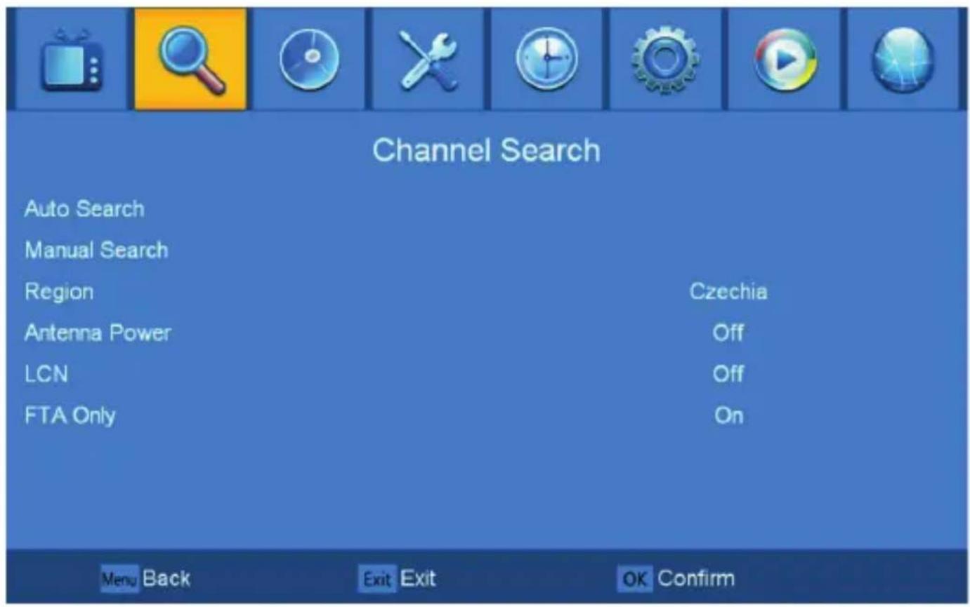 Channel Search Auto Search Manual Search Region Czechia Antenna Power Off LCN Off FTA Only On Menu Back Exit Exit OK Confirm