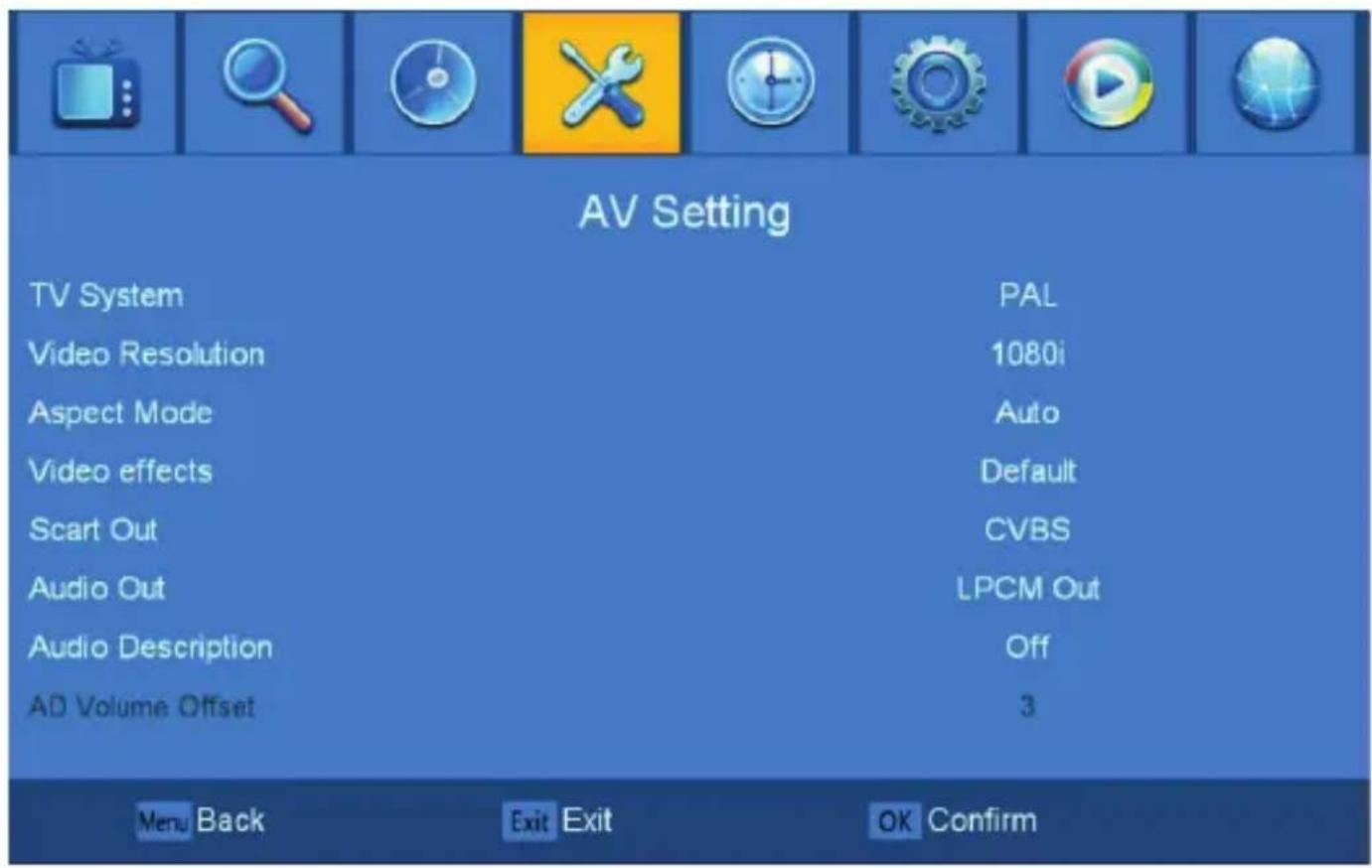 AV Setting TV System PAL Video Resolution 1080i Aspect Mode Auto Video effects Default Scart Out CVBS Audio Out LPCM Out Audio Description Off AD Volume Offset 3 Menu Back Exit Exit OK Confirm