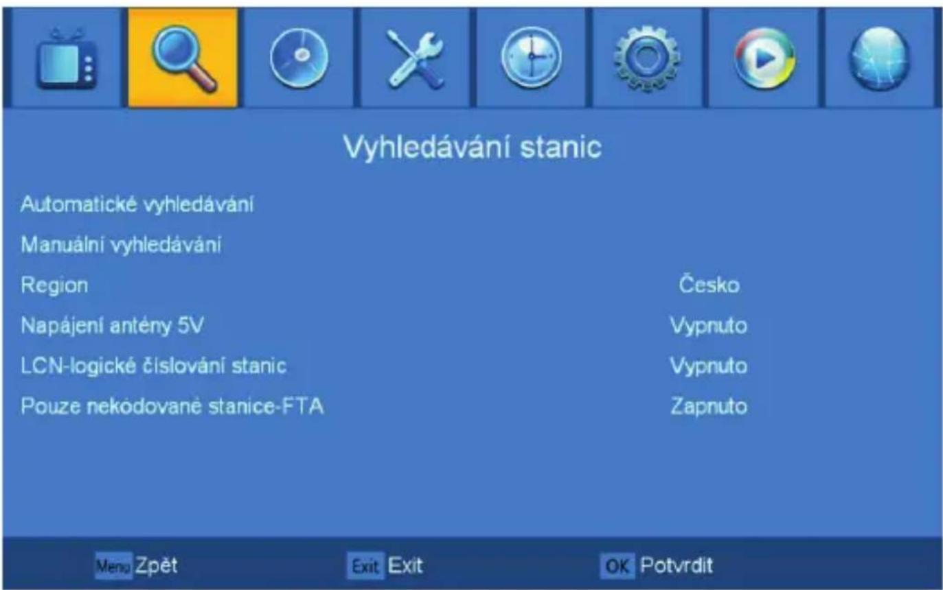 Vyhledávání stanic Automatické vyhledávání Manuální vyhledávání Region Česko Napájení antény 5V Vypnuto LCN-logické číslování stanic Vypnuto Pouze nekódované stanice-FTA Zapnuto Meng Zpět Exit Exit OK Potvrdit