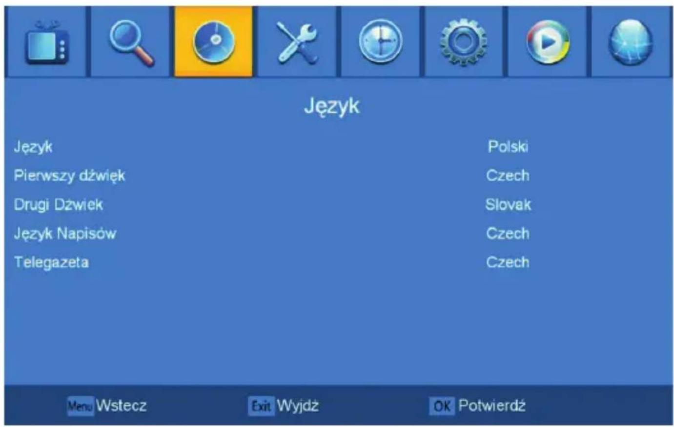 Język Język Pierwszy dźwięk Drugi Dźwiek Język Napisów Telegazeta Polski Czech Slovak Czech Czech Menu Wstecz Exit Wyjdź OK Potwierdź