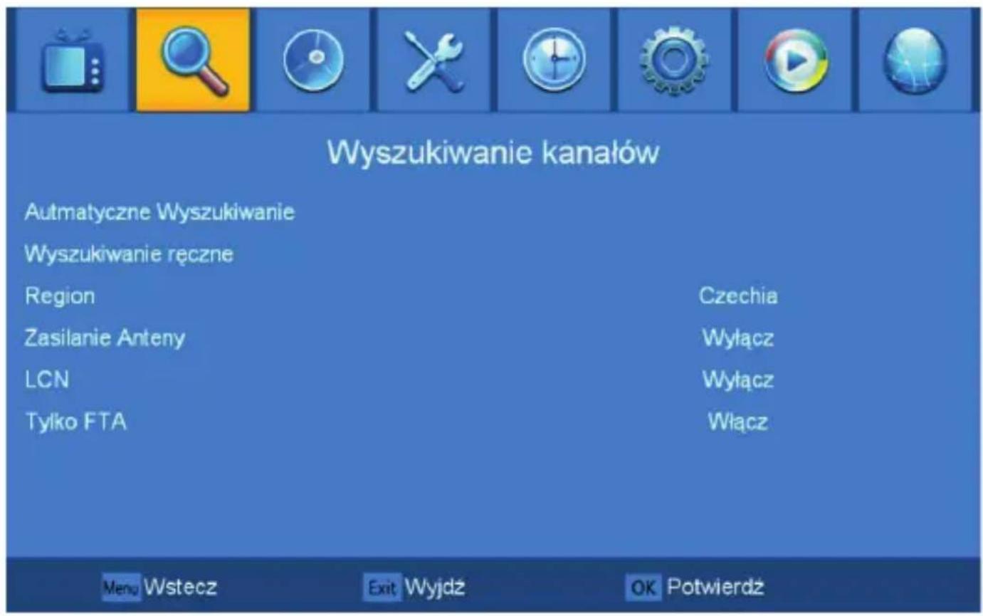 Wyszukiwanie kanałów Autmatyczne Wyszukiwanie Wyszukiwanie ręczne Region Czechia Zasilanie Anteny Wyłącz LCN Wyłącz Tylko FTA Włącz Menu Wstecz Exit Wyjdź OK Potwierdz
