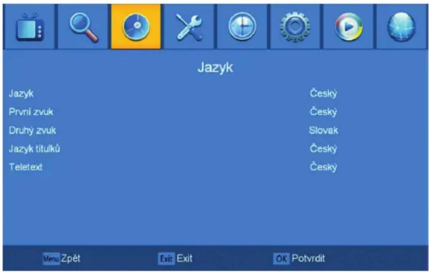 Jazyk Jazyk První zvuk Druhý zvuk Jazyk titulků Teletext Český Český Slovak Český Český Menu Zpět Exit Exit OK Potvrdit
