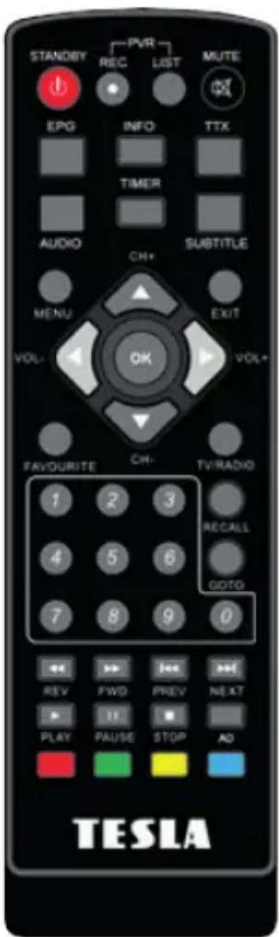 STANDRY PVR REC LIST MUTE EPG INFO TTX TIMER AUDIO CH+ SUBTITLE MENU EXIT VOL- OK VOL+ FAVOURITE CH- TV/RADIO 1 2 3 RECALL 4 5 6 GOTO 7 8 9 0 REV FWD PREV NEXT PLAY PAUSE STOP AD TESLA