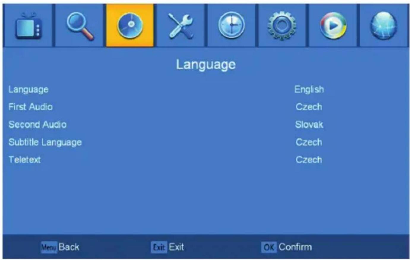 Language Language English First Audio Czech Second Audio Slovak Subtitle Language Czech Teletext Czech Menu Back Exit Exit OK Confirm