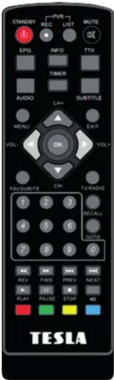 STANDRY PVR REC LIST MUTE EPG INFO TTX TIMER AUDIO CH+ SUBTITLE MENU EXIT VOL- OK VOL+ FAVOURITE CH- TV/RADIO 1 2 3 RECALL 4 5 6 GOTO 7 8 9 0 REV FWD PREV NEXT PLAY PAUSE STOP AD TESLA