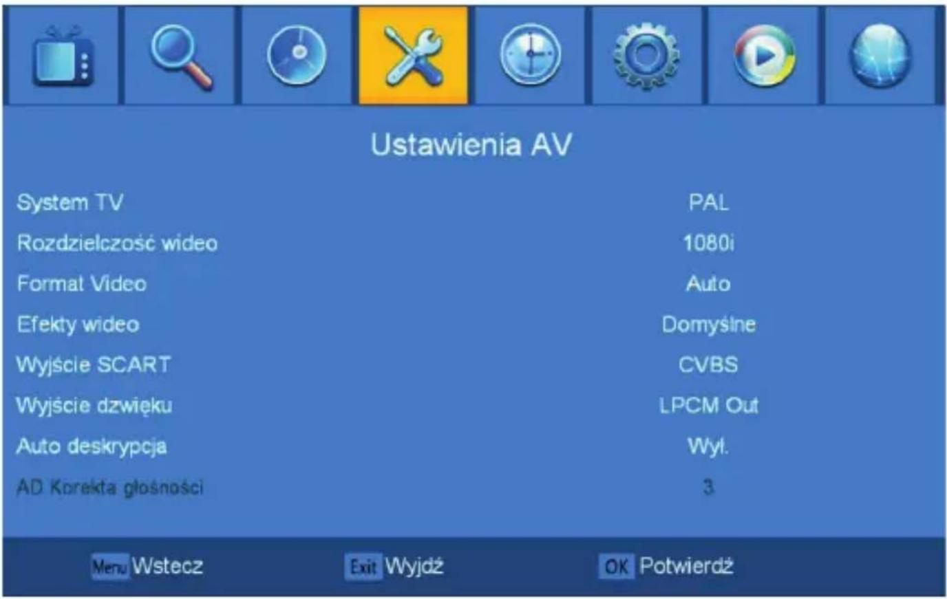 Ustawienia AV System TV Rozdzielczość wideo Format Vídeo Efekty wideo Wyjście SCART Wyjście dzwięku Auto deskrypcja AD Kprekta głośności PAL 1080i Auto Domyślne CVBS LPCM Out Wyl. 3 Menu Wstecz Exit Wyjdź OK Potwierdź