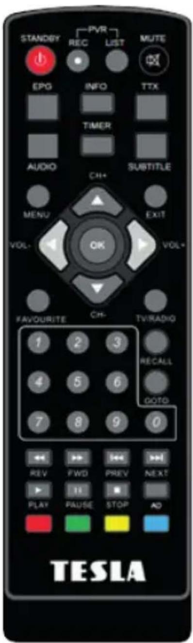 STANDGY PVR REC LIST MUTE EPG INFO TTX TIMER AUDIO CH+ SUBTITLE MENU EXIT VOL- OK VOL+ FAVOURITE CH- TVIRADIO 1 2 3 4 5 6 7 8 9 0 RECALL GOTO REV FWD PREV NEXT PLAY PAUSE STOP AD TESLA
