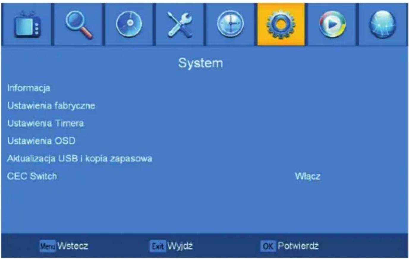System Informacja Ustawienia fabryczne Ustawienia Timera Ustawienia OSD Aktualizacja USB i kopia zapasowa CEC Switch Włącz Menu Wstecz Exit Wyjdź OK Potwierdź