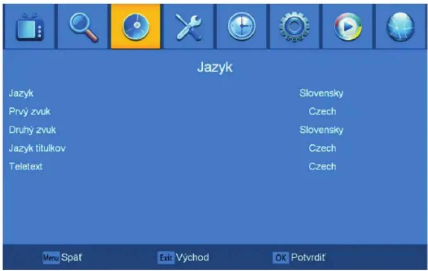 Jazyk Jazyk Prvý zvuk Druhý zvuk Jazyk titulkov Teletext Slovensky Czech Slovensky Czech Czech Menu Spät Exit Východ OK Potvrdit