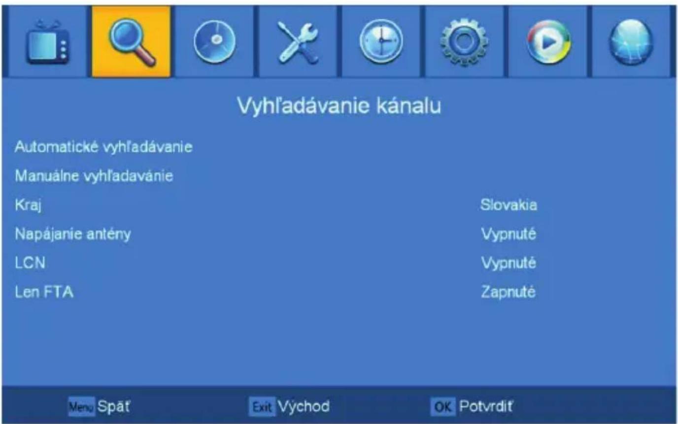 Vyhl'adávanie kánalu Automatické vyhl'adávanie Manuálne vyhl'adavánie Kraj Slovakia Napájanie antény Vypnuté LCN Vypnuté Len FTA Zapnuté Menu Spät Exit Východ OK Potvrdit