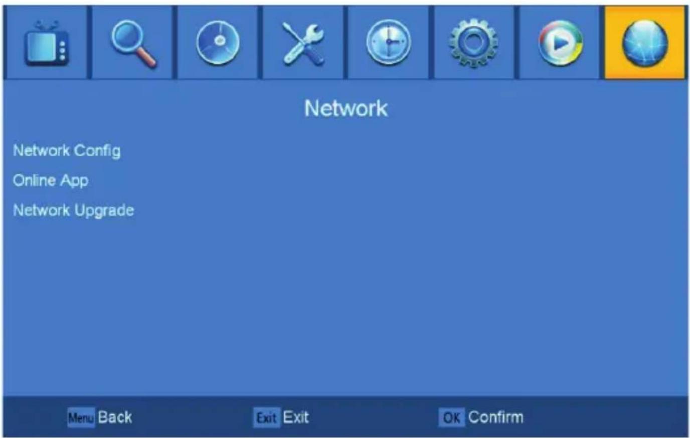 Network Network Config Online App Network Upgrade Menu Back Exit Exit OK Confirm