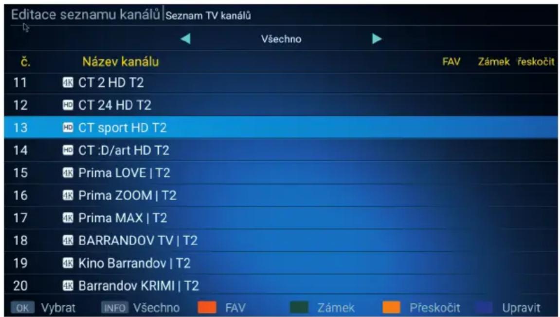 Editace seznamu kanálů | Seznam TV kanálů Č. Název kanálu FAV Zámek ęeskočit 11 4K CT 2 HD T2 12 HD CT 24 HD T2 13 HD CT sport HD T2 14 HD CT :D/art HD T2 15 4K Prima LOVE | T2 16 4K Prima ZOOM | T2 17 4K Prima MAX | T2 18 4K BARRANDOV TV | T2 19 4K Kino Barrandov | T2 20 4K Barrandov KRIMI | T2 OK Vybrat INFO Všechno FAV Zámek Přeskočit Upravit
