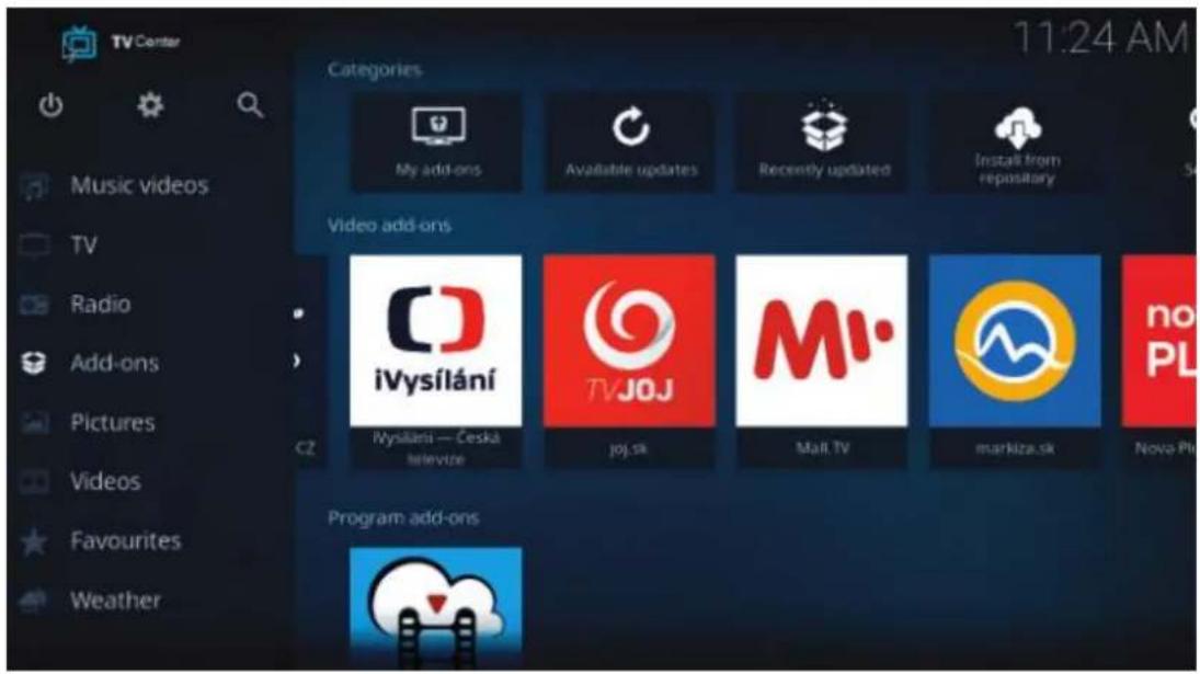 TV Center Music videos TV Radio Add-ons Pictures Videos Favourites Weather Categories 11:24 AM My add-ons Available updates Recently updated Install from repository Video add-ons iVysílání TVJ0J M1· Wysilání — Česká televize joj.sk Mail.TV markiza.sk no PL Program add-ons