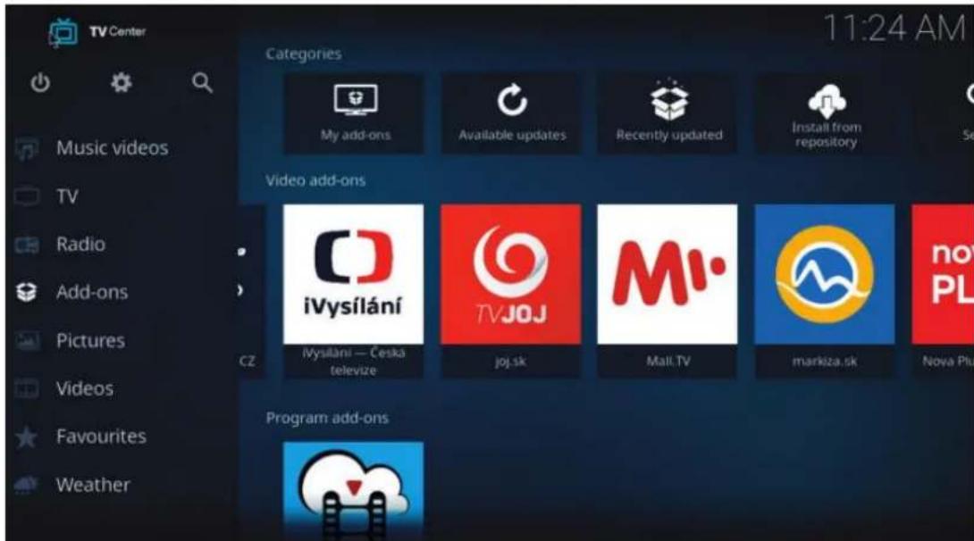 TV Center 11:24 AM Categories My add-ons Available updates Recently updated Install from repository Video add-ons iVysílání TVJOJ M1· markiza.sk Nova Plus iVysílání — Česká televize joj.sk Mall.TV Program add-ons
