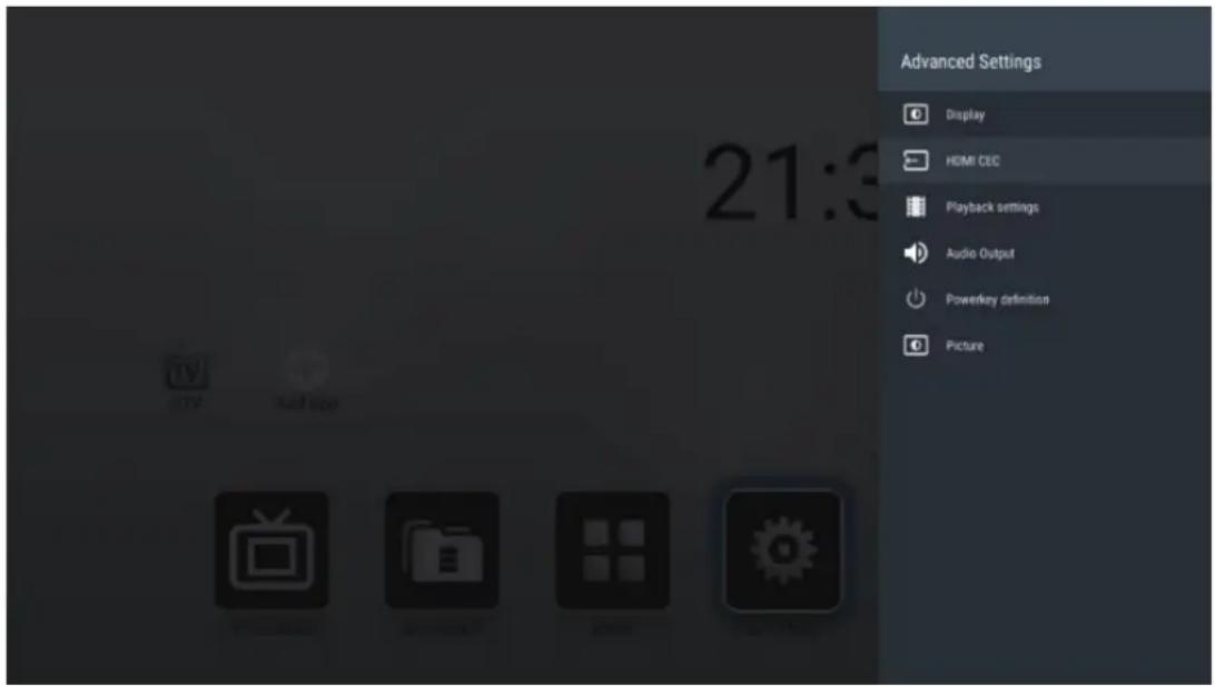 Advanced Settings Display HDMI CEC Playback settings Audio Output Powerkey definition Picture