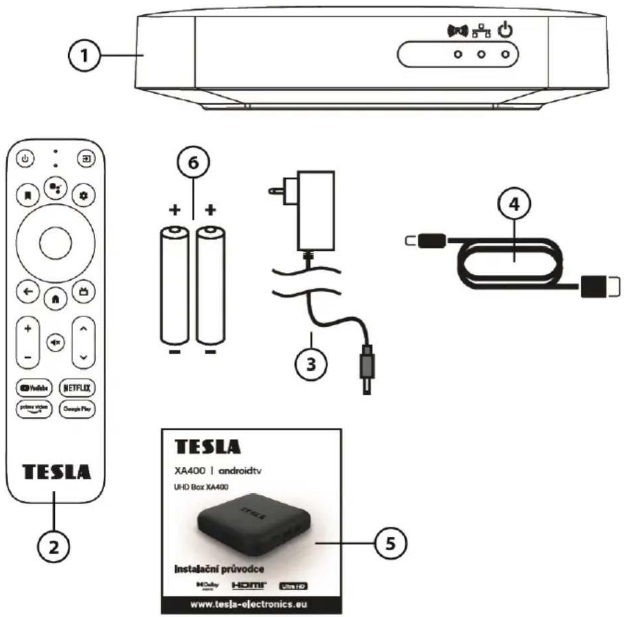TESLA ① ⑥ ③ ④ ⑤ TESLA XA400 | androidtv UHD Box XA400 Instalační průvodce MOoby HOME HOME USAO www.tesla-electronics.eu