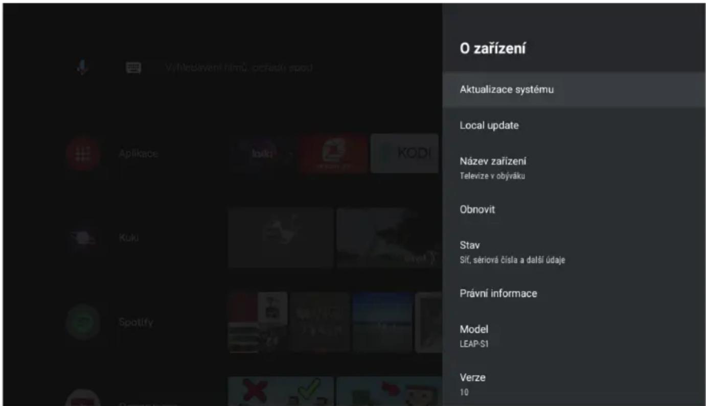 O zařízení Aktualizace systému Local update Název zařízení Televize v obýváku Obnovit Stav Slč, sěriová čísla a další údaje Právní informace Model LEAP-S1 Verze 10