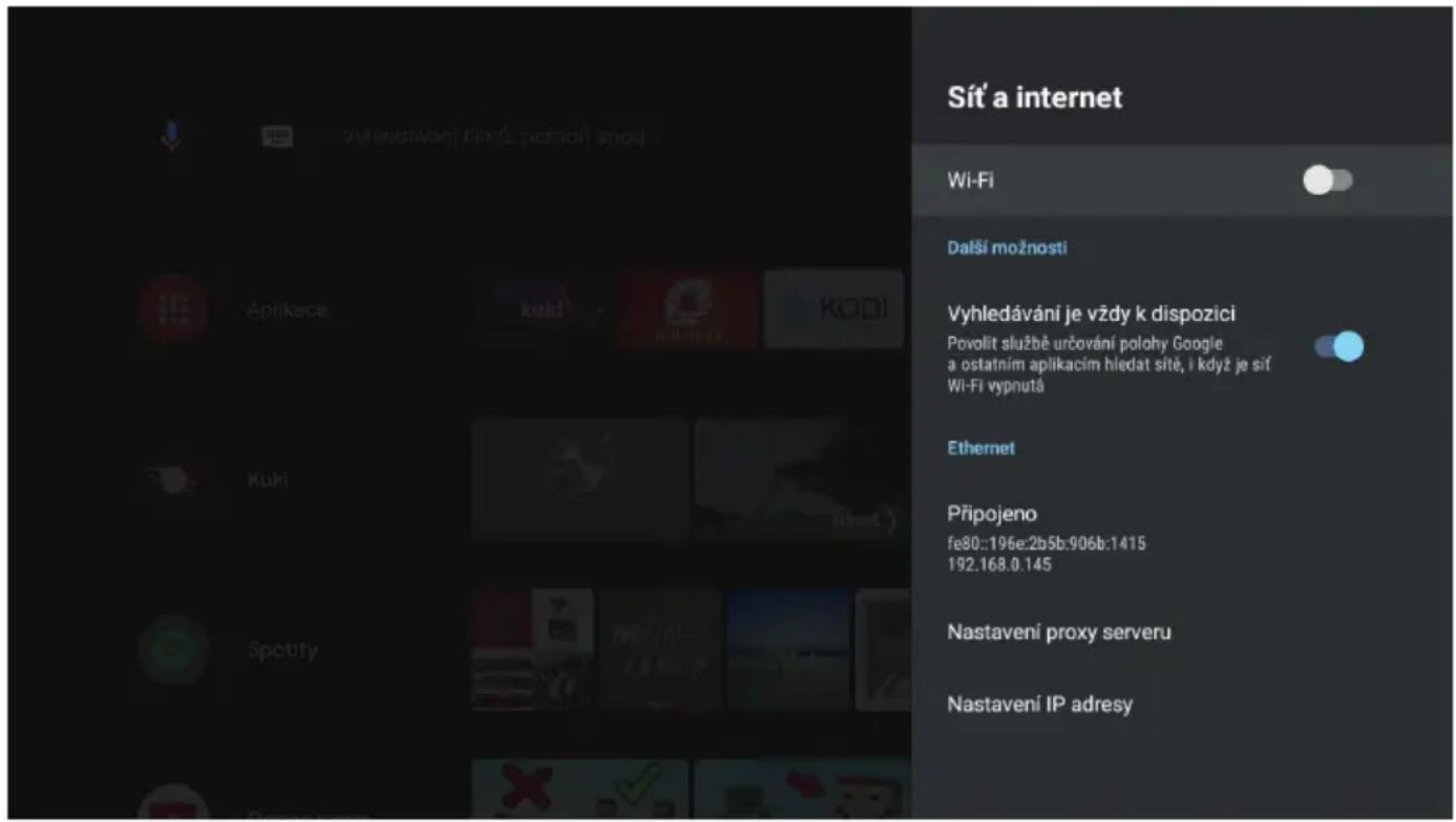 Sít' a internet Wi-Fi Další možnosti Vyhledávání je vždy k dispozici Povolit službě určování polohy Google a ostatním aplikacím hledat sitě, i když je sít' Wi-Fi vypnutá Ethernet Připojeno fe80::196e:2b5b:906b:1415 192.168.0.145 Nastavení proxy serveru Nastavení IP adresy