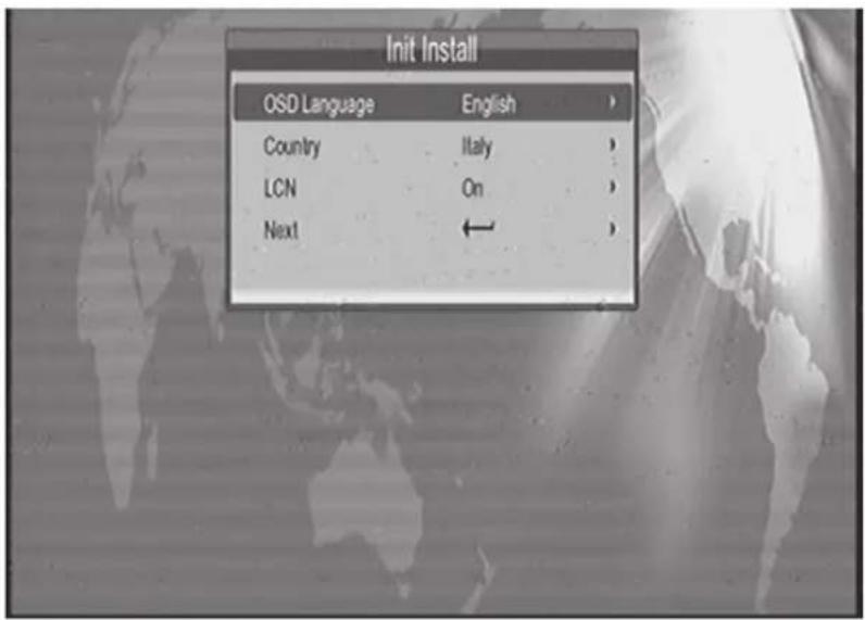 Init Install OSD Language English Country Italy LCN On Next ←