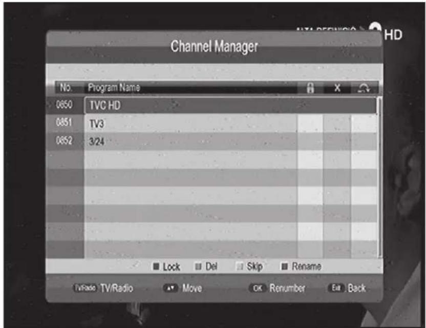 Channel Manager No. Program Name 0650 TVC HD 0851 TV3 0852 3/24 Lock Del Skip Rename TV/Radio TV/Radio Move OK Renumber Eat Back