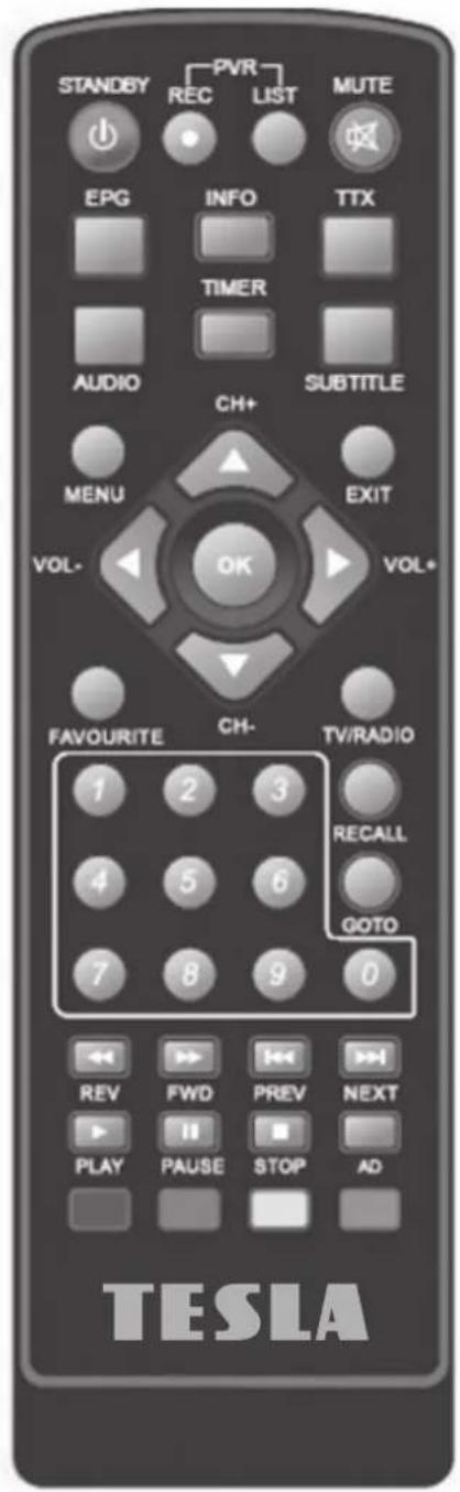 STANDBY PVR REC LIST MUTE EPG INFO TTX TIMER AUDIO SUBTITLE CH+ MENU EXIT VOL- OK VOL+ FAVOURITE CH- TV/RADIO 1 2 3 4 5 6 7 8 9 0 RECALL GOTO REV FWD PREV NEXT PLAY PAUSE STOP AD TESLA