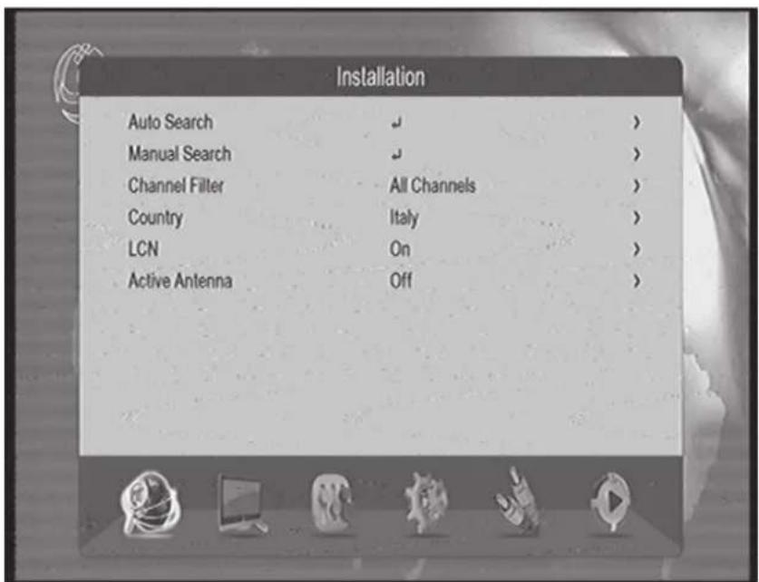 Installation Auto Search Manual Search Channel Filter Country LCN Active Antenna